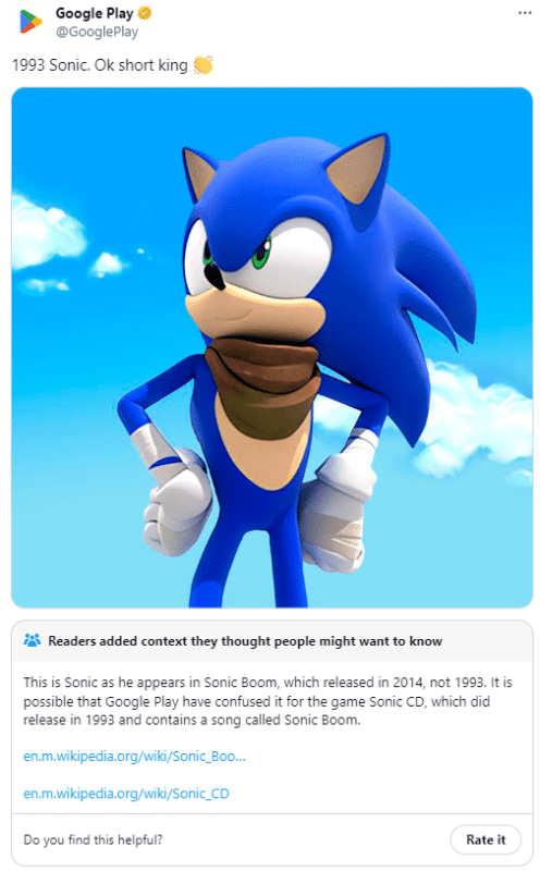 AI generated Sonic Google Play post.